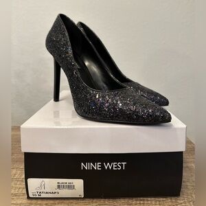 Nine West Tatiana Pumps in Black Glitter High Heels New in Box Size 10